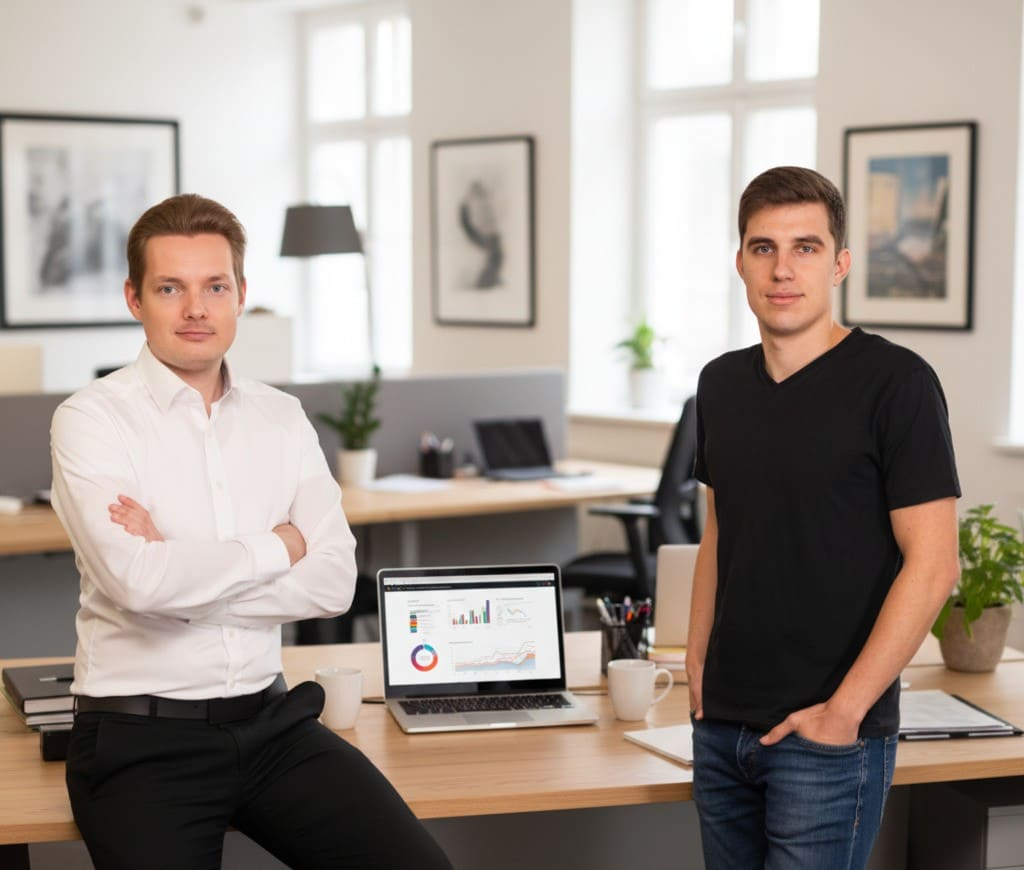 Franz Opitz and Alexander Hähnel on the laptop
