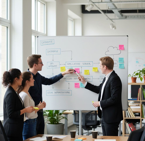 Team sketches architecture on a whiteboard